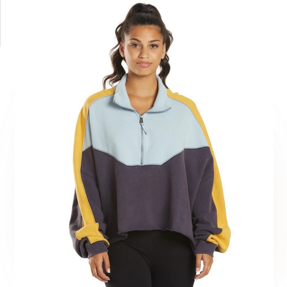 Free People Colorblock Sweatshirt - Blue, Yellow, Gray